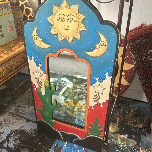 Vintage Sun and Moon Mirror with Blue and Red Accents - Picture 1 of 15